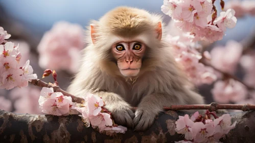 Japanese Macaque Portrait on Cherry Tree Branch