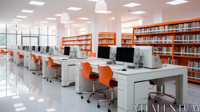 Modern Library with Orange Chairs and Bookshelves AI Image