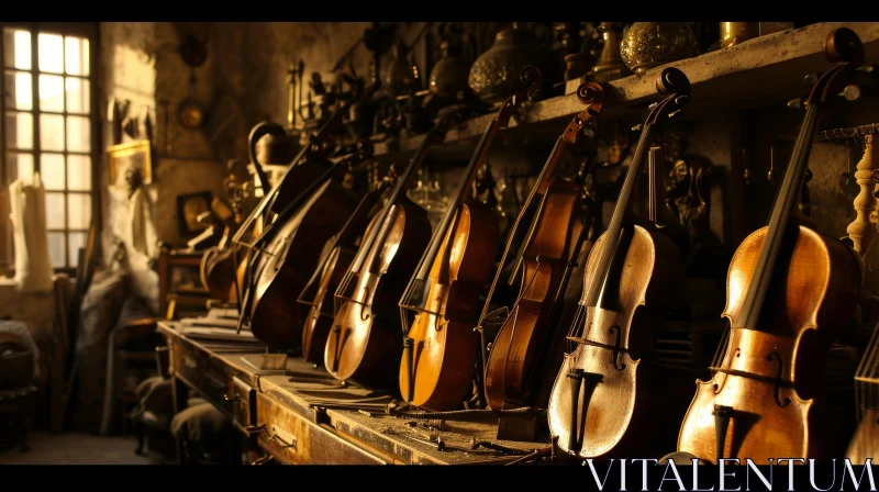 Mysterious Room with Violins and Cellos AI Image