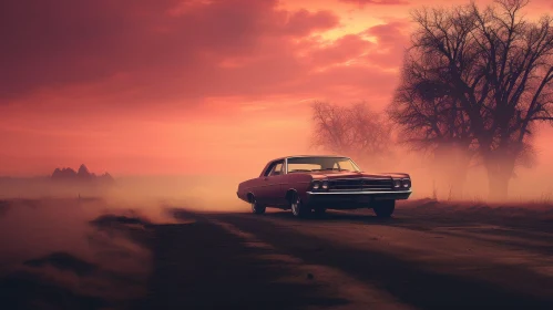 Red Retro Car Driving Through Rural Landscape at Sunset