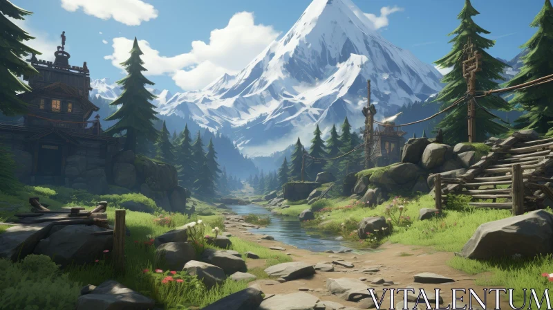 Serenity in Nature: Mountain Valley Landscape AI Image
