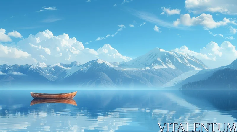 AI ART Tranquil Lake Landscape with Mountains and Boat