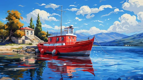 Tranquil Lake Painting with Red Boat and Mountains