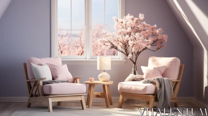 Tranquil Living Room with Pink Armchairs and Cherry Blossom View AI Image