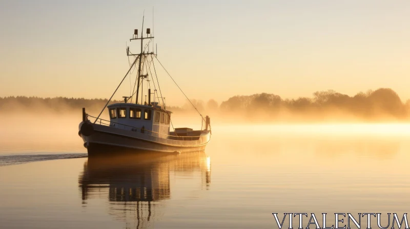 AI ART Tranquil Sunrise Scene: Fishing Boat on Calm Lake