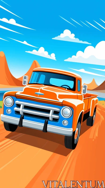 AI ART Vintage Cartoon Truck Driving Through Desert - Classic American Cars