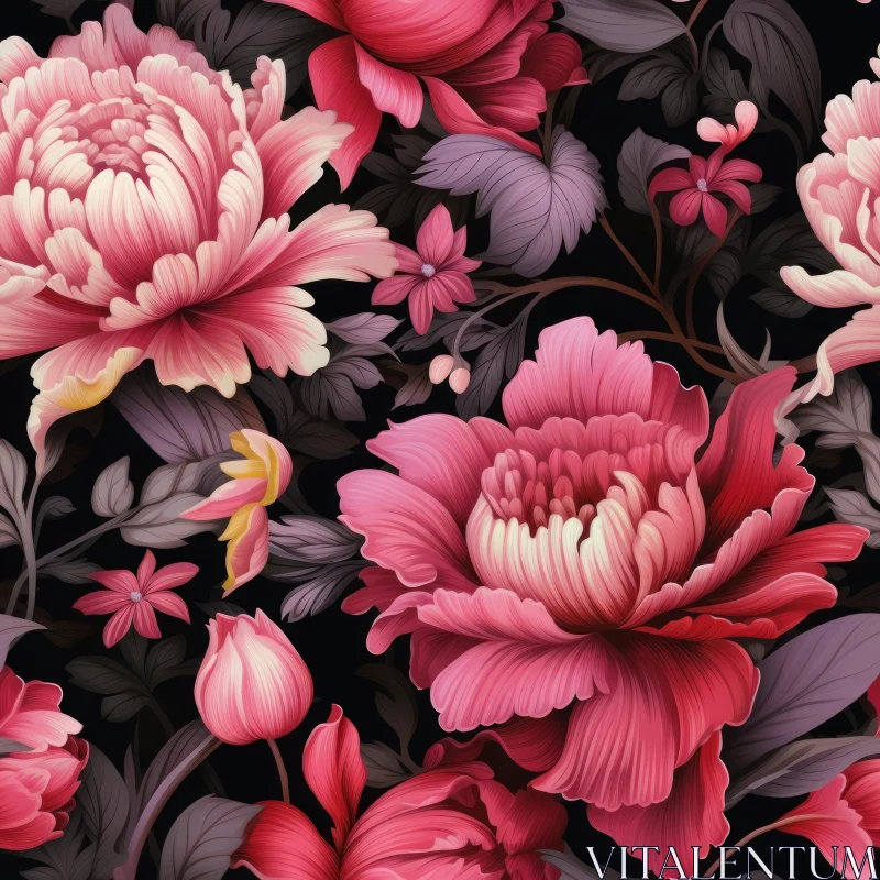 AI ART Vintage Floral Pattern with Pink Peonies on Dark Background