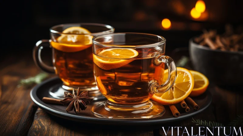 AI ART Warm Tea with Lemon on Wooden Table