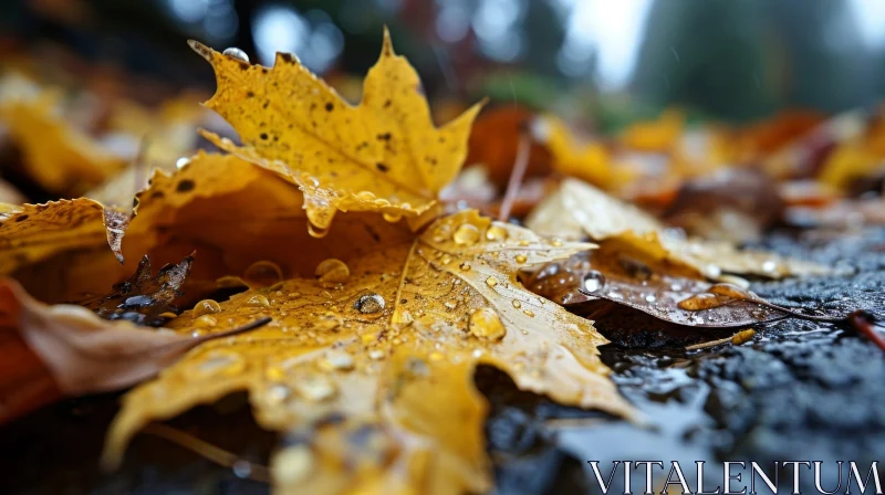 Yellow and Brown Fallen Maple Leaves with Raindrops AI Image