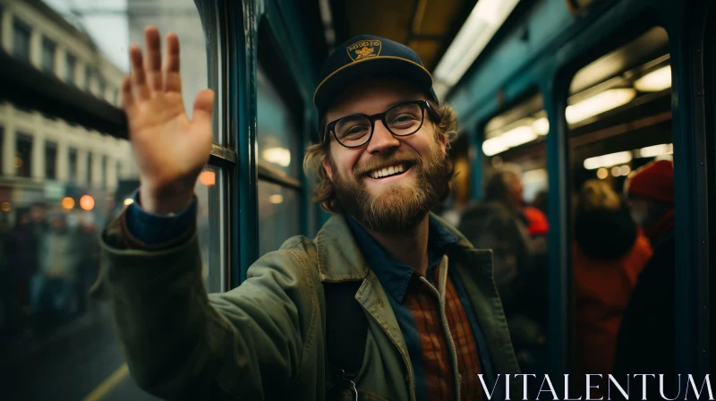 Young Man in Green Jacket Waving in Train or Bus AI Image