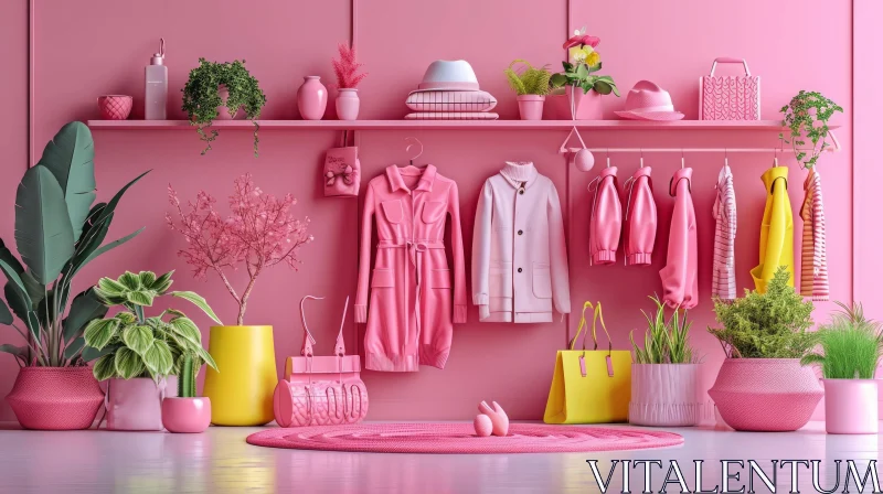 Captivating Pink Room with Clothes and Plants AI Image