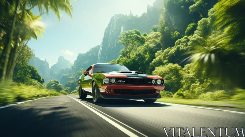 Classic Muscle Car Driving Through Lush Green Forest AI Image