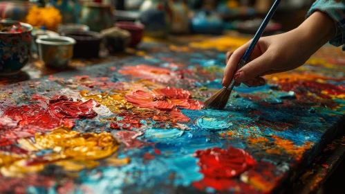 Colorful Painter's Palette and Mixing Scene