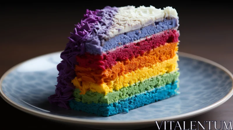 Colorful Rainbow Cake Slice on Blue Plate AI Image