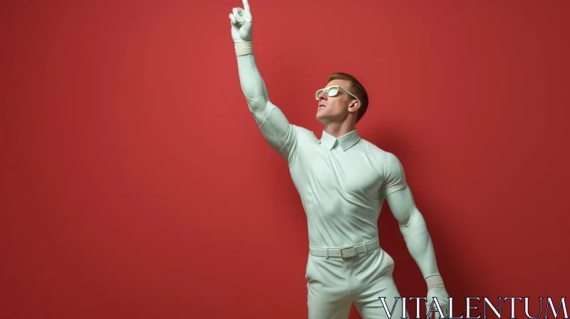 Confident Man in White Suit Against Red Background AI Image