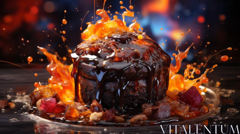 Decadent Chocolate Cake with Caramel Sauce - Close-up Delight AI Image