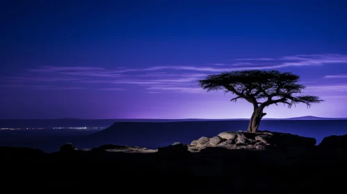 Enchanting Night Landscape with Solitary Tree and Mountain Range