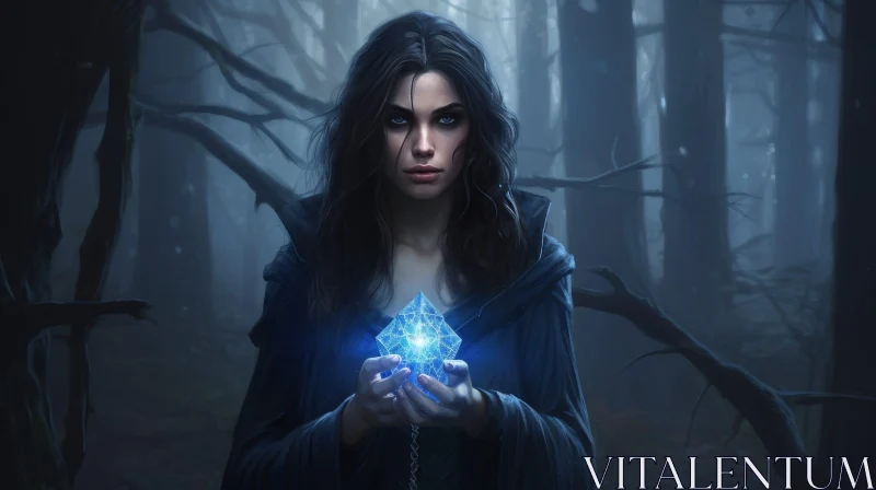 Enigmatic Woman in Dark Forest with Glowing Blue Crystal AI Image