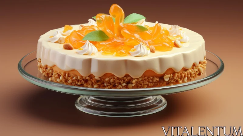 Exquisite Orange Glazed Cake with Cream and Mint Leaves Displayed on Glass Stand AI Image