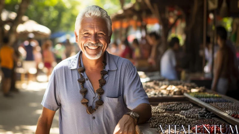 Friendly Elderly Man in Colorful Market - Smiling Portrait AI Image