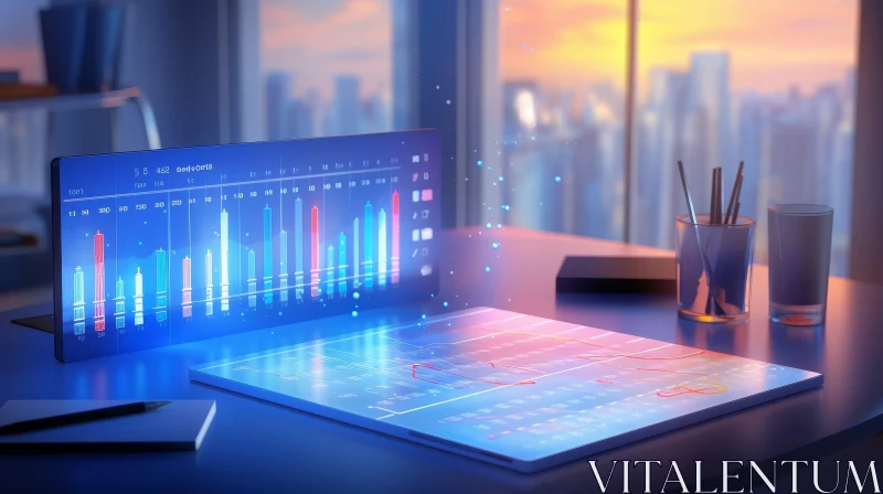 AI ART Futuristic Financial Trading Desk with Glass and Holographic Display
