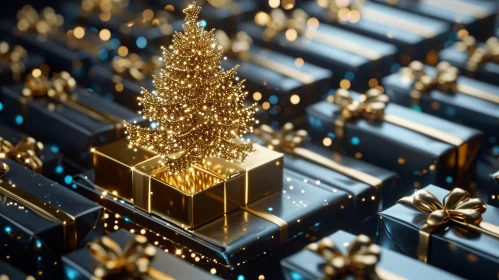 Golden Christmas Tree on Dark Blue Gift Boxes | 3D Rendering