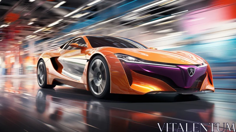 High-Speed Orange and Purple Sports Car Racing Through Tunnel AI Image