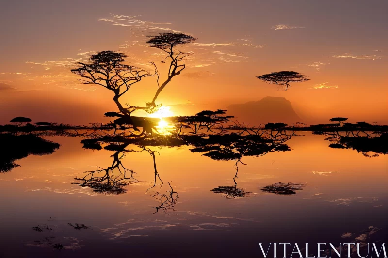 Mesmerizing Sunrise with Trees in Water | African Patterns | Sci-Fi Landscapes AI Image