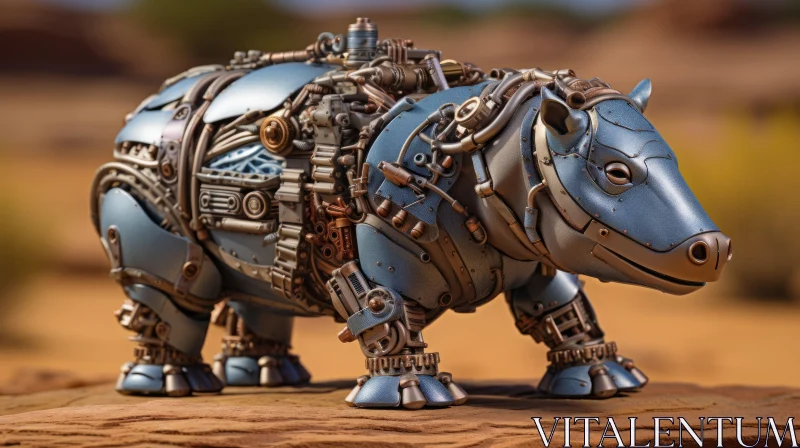 Metallic Elephant Sculpture in Desert Setting AI Image