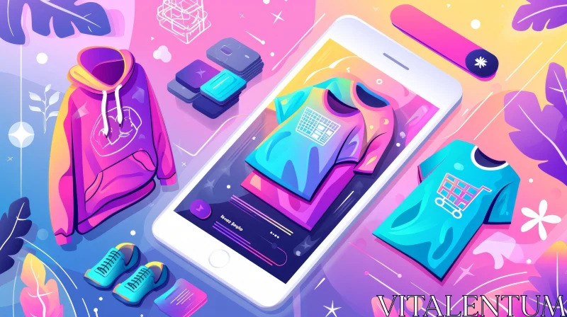 Mobile Phone Shopping App Illustration with Clothing Items AI Image