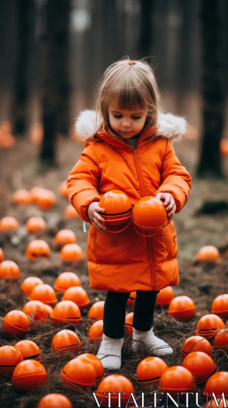 Monochromatic Image of Child Holding Pumpkins in Woodland AI Image