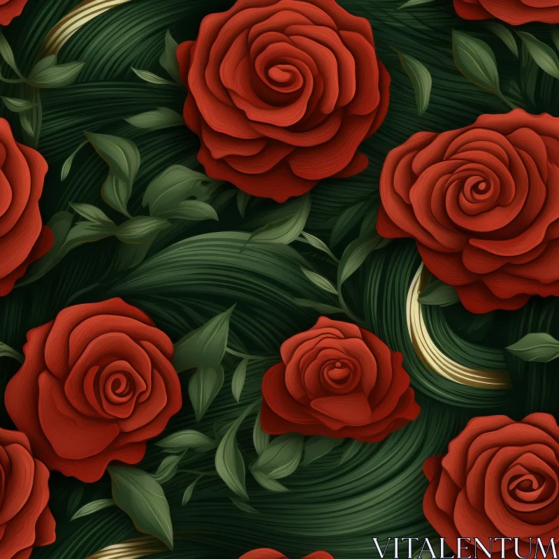 Red Roses and Green Leaves Seamless Pattern AI Image