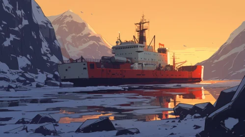 Red Ship in Frozen Bay: Stunning Nature Scene