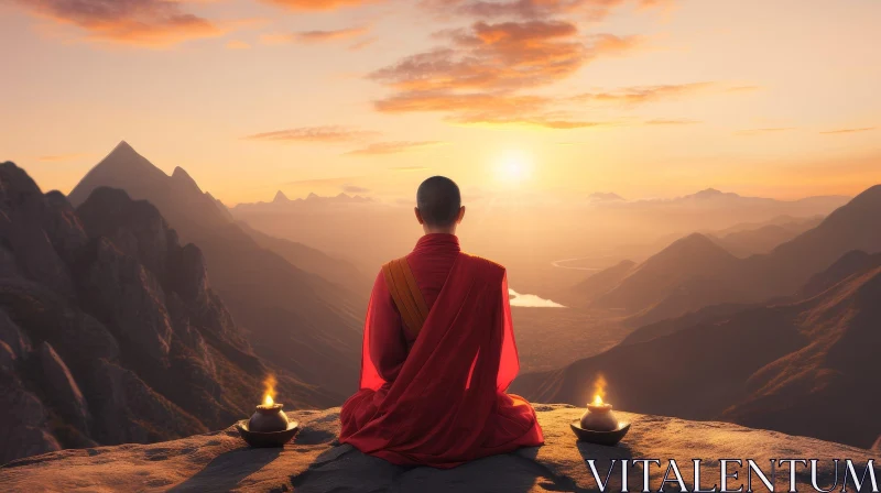 Serene Monk Meditating on Mountaintop at Sunset AI Image