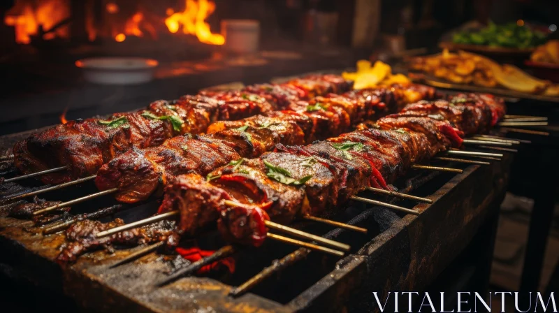 Sizzling Grill: Meat and Vegetable Skewers over Open Fire AI Image