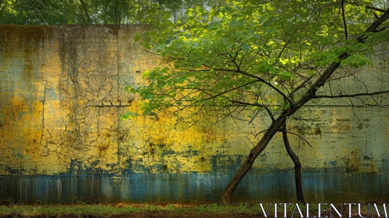 Strength and Resilience: A Captivating Image of a Green Tree and Concrete Wall AI Image