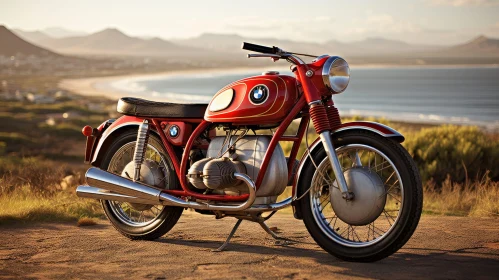 Vintage Red BMW Motorcycle on Cliff Overlooking Ocean