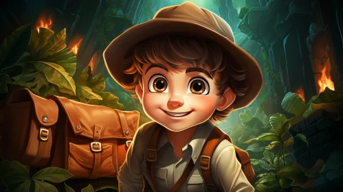 Young Boy Explorer in Jungle Cartoon