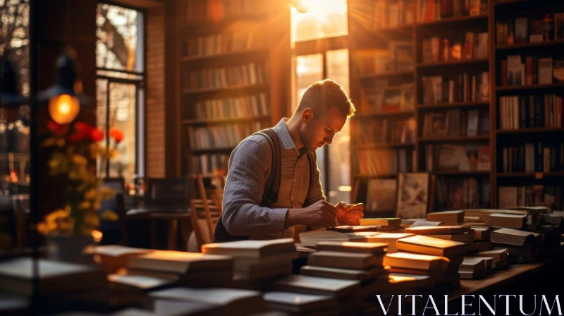 Young Man Reading in Library - Knowledge and Books AI Image