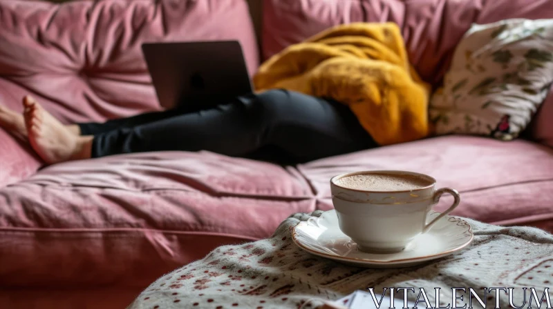 Young Woman on Pink Couch with Laptop AI Image