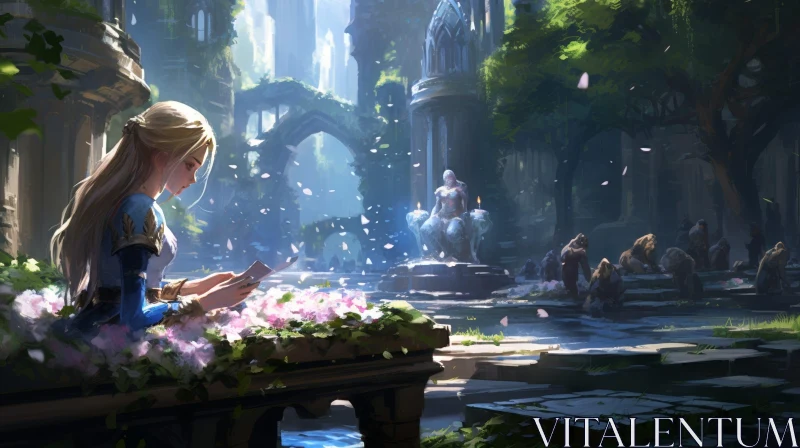 AI ART Blonde Woman Reading Letter in Lush Garden - Peaceful Painting