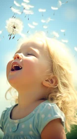 Child Blowing Dandelion Seeds | Joyful Moment Under Blue Sky