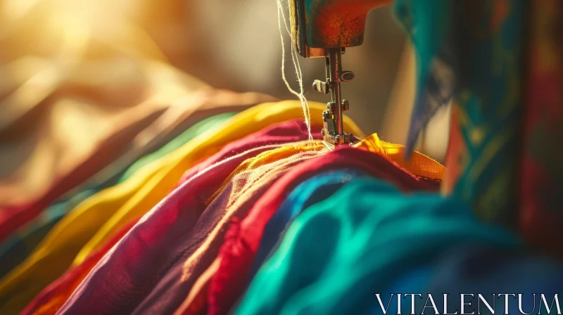 Close-up of Colorful Sewing Machine Needle Stitching Fabric AI Image