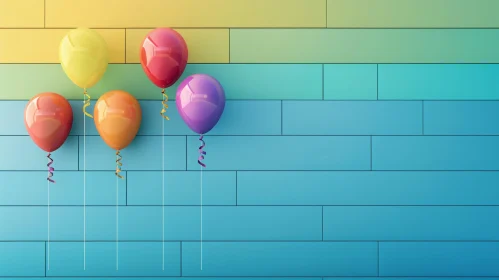 Colorful Balloons on Blue Wooden Wall - 3D Rendering