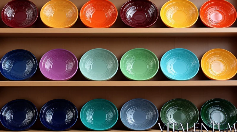 Colorful Ceramic Bowls Arrangement on Wooden Shelves AI Image