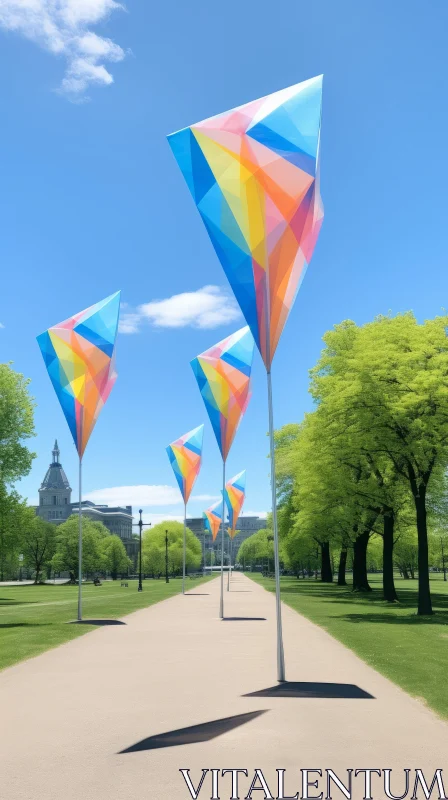 Colorful Kites Dancing in the Sky Beside a Park Path AI Image
