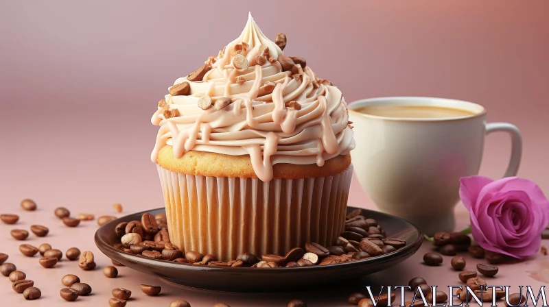 Delicious Vanilla Cupcake with Coffee Frosting and Nuts AI Image