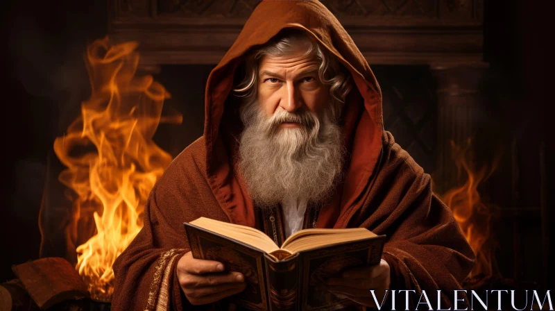 Enigmatic Elder Reading by Fireplace AI Image