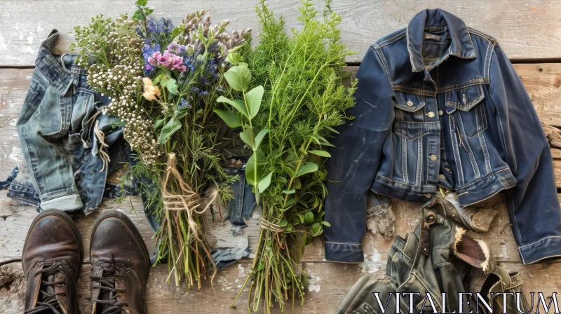 Fashion Flat Lay: Blue Jeans, Denim Jacket, Leather Shoes, and Floral Delight AI Image