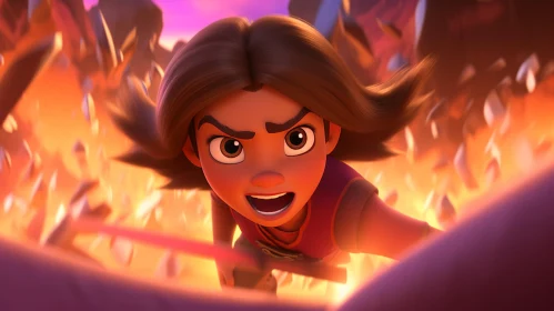 Fiery Animated Scene with Determined Young Girl